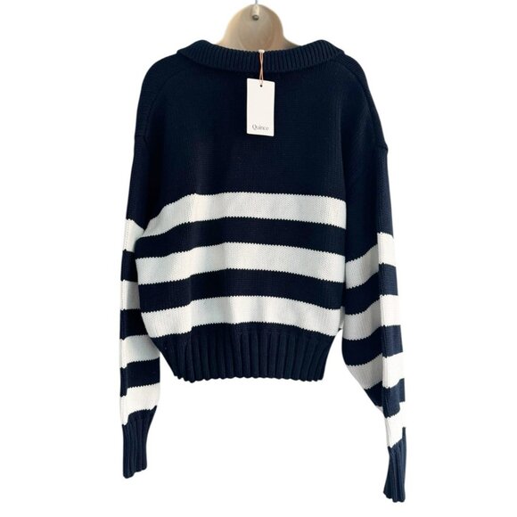 NWT Quince Womans XL 100% Organic Cropped Cotton Polo Sweater Navy White Striped - Picture 4 of 11
